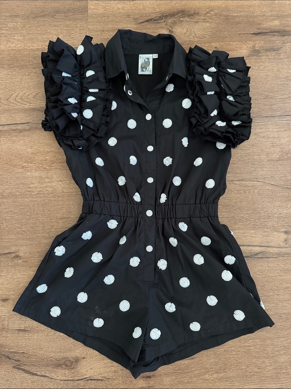 QUEEN OF SPARKLES Black Polka Dot Ruffle Sleeve Romper